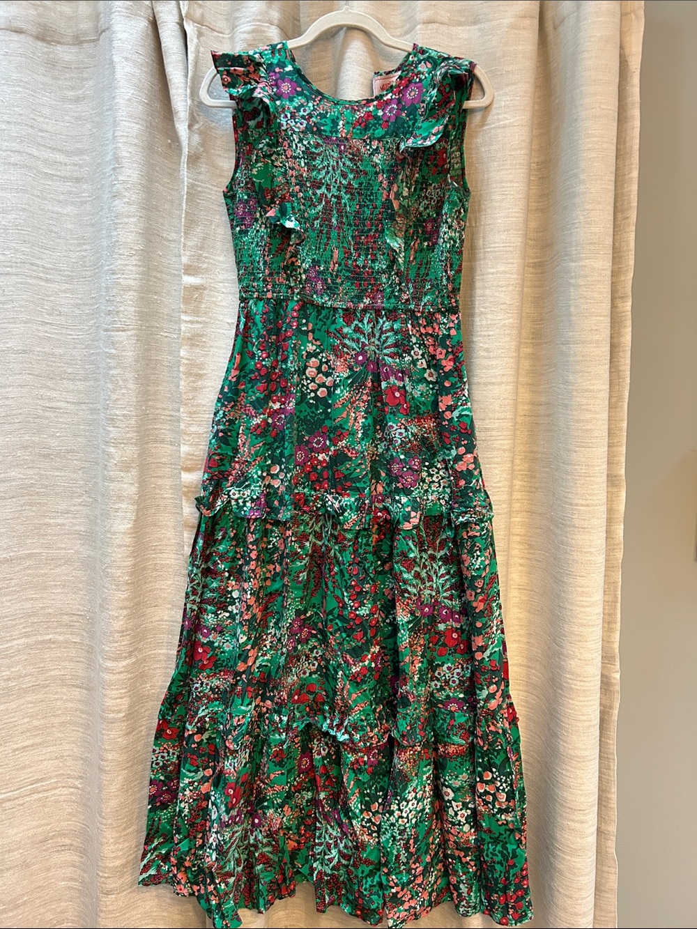 Banjanan Floral Green Sleeveless Ruffle Midi Dress